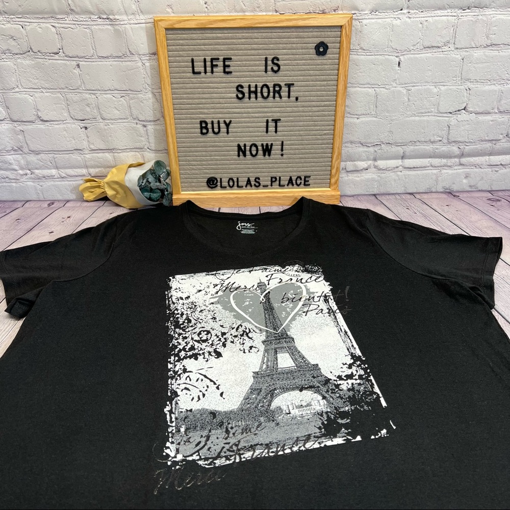 JUST MY SIZE Womens V-Neck Short Sleeve Eiffel Tower Graphic Tee-NWOT